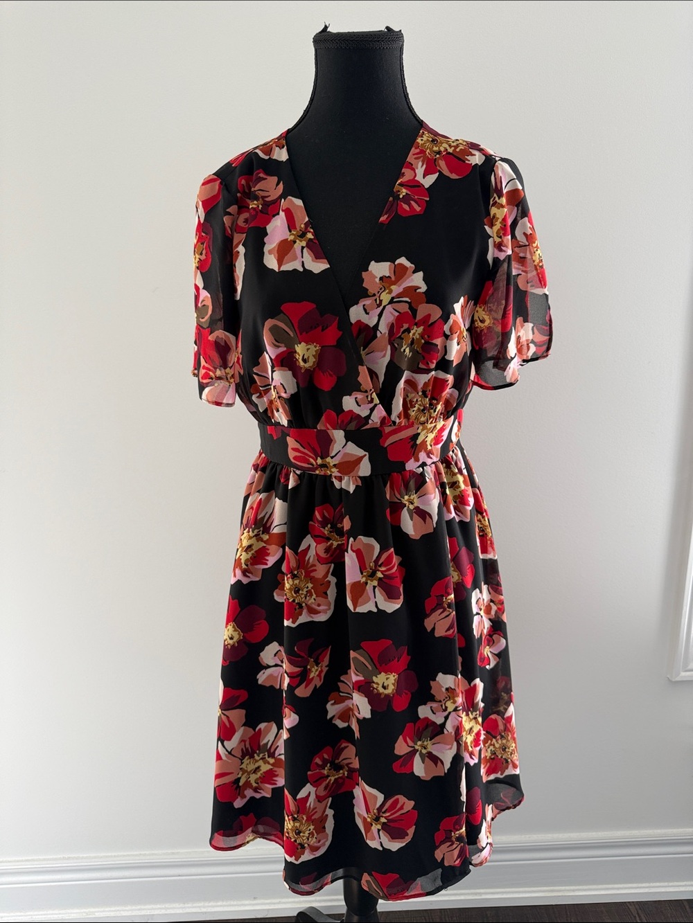 Madewell Chiffon Black Floral Wrap Dress with Red and Pink Blooms